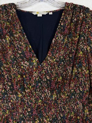 Boden Dress 4 Fit Flare Midi Navy Blue Floral Long Sleeve V Neck Boho Womens