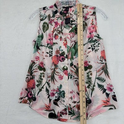 Banana Republic Top XS Sleeveless Pink Bird Floral Print Ruffle Neck New NWT