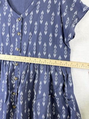 Peyton Parker Blue Ikat Linen Button Shift Dress Pockets Medium Boho Lagenlook