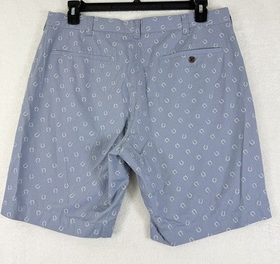 J Crew Gramercy Shorts 35 Mens Blue 9”Horseshoes Horse Print 100% Cotton Chino
