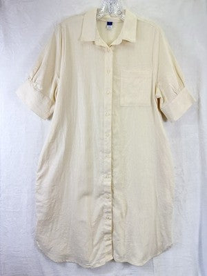 Old Navy Linen Shirt Dress Medium Ivory Shift Short Sleeve Button Front Womens