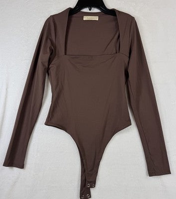 Qinsen Bodysuit Medium Womens Brown Long Sleeve Square Neck