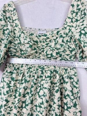 FRNCH Dress Small Met Green Floral Short Smocked Boho Cotton Womens
