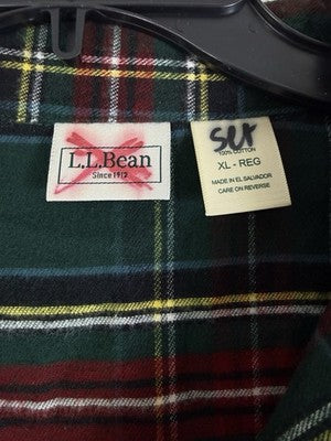 LL Bean Flannel Pajama Shirt XL Mens Tartan Green Red Plaid Top Button Cotton