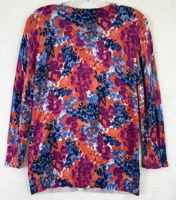 Talbots Charming Cardigan Sweater Medium Pink Blue Floral Womens 3/4 Sleeve