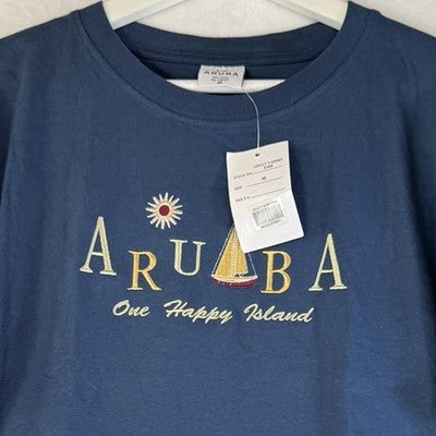 I Love Aruba T Shirt Medium Blue Embroidered Womens Short Sleeve Top Tourist New