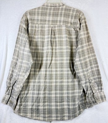 Natural Elements Top Large Womens Linen Cotton Band Collar Green Plaid Vintage