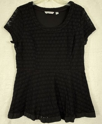 Isaac Mizrahi Live Tops Medium Black Short Sleeve Lace Overlay Blouse Top Women