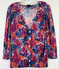 Talbots Charming Cardigan Sweater Medium Pink Blue Floral Womens 3/4 Sleeve