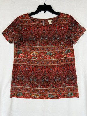 J Crew Top XXS Short Sleeve Red Floral Paisley Print Lightweight Womens