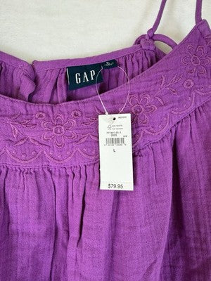 Gap Swing Dress Large Purple Cotton Gauze Mini Sleeveless Embroidered Womens New