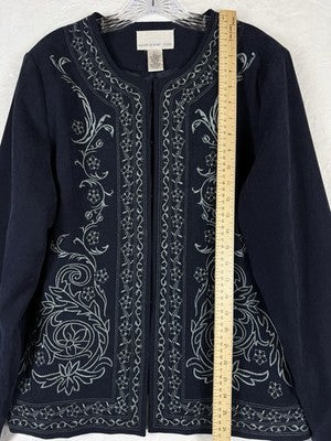 Susan Graver Jacket Large Blue Embroidered Long Sleeve Womens Blazer