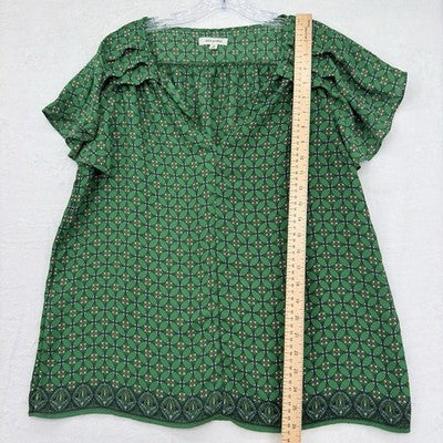 Max Studio Top Medium Blouse Flutter Sleece Green Print Womens