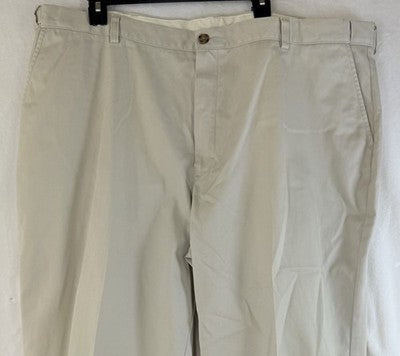 LL Bean Comfort Waist Pants 46x32 Mens Flat Front Tan Khakis Chinos 100% Cotton