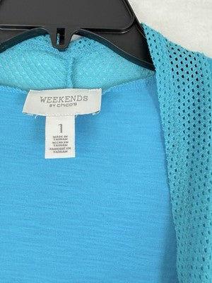Weekend By Chicos Size 1 Cardigan Pool Blue Medium Jersey Knit Mesh 3/4 Sleeve