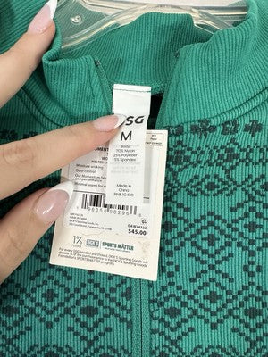 DSG 1/4 Zip Medium Seamless Green Fair Isle Workout Shirt Long Sleeve Womens NEW