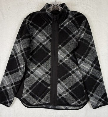 T By Talbots Jacket Medium Petite Fleeceback Black Plaid Full Zip Womens
