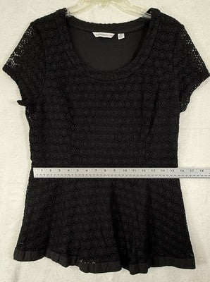 Isaac Mizrahi Live Tops Medium Black Short Sleeve Lace Overlay Blouse Top Women