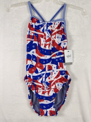 Dolfin Uglies 38 One Piece Swimsuit Red White Blue Womens USA NWT