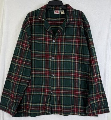LL Bean Flannel Pajama Shirt XL Mens Tartan Green Red Plaid Top Button Cotton