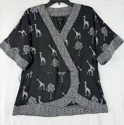 Worthington Top Medium Womens Short Sleeve Black Giraffes V Neck Safari Blouse