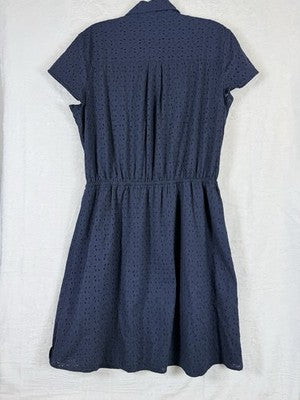 J Crew Shirt Dress Medium Eyelet Navy Blue Short Sleeve Womens 100% Cotton