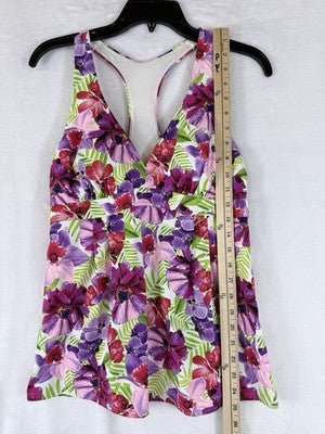 Lands End Tankini Top 8 Flutter Pink Floral Print Swim Swimsuit Womens