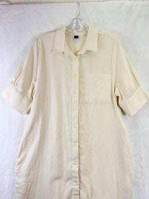 Old Navy Linen Shirt Dress Medium Ivory Shift Short Sleeve Button Front Womens
