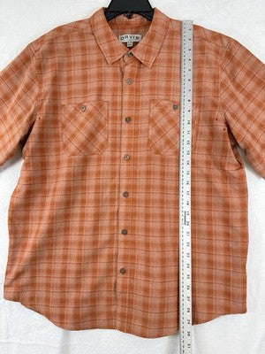 Orvis Men’s XL Shirt Short Sleeve Tech Plaid Orange Button Up Pockets Collar