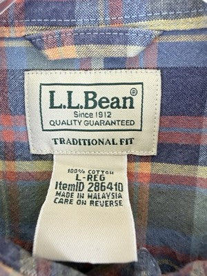 LL Bean Sunwashed Canvas Shirt Large Mens Long Sleeve Green Blue Plaid Button Up