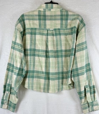 American Eagle Crop Flannel Top Medium Green Plaid Long Sleeve Womens