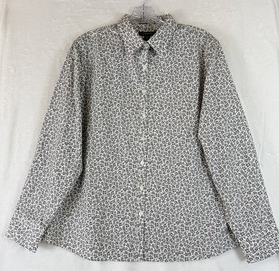 Lands End No Iron Supima Shirt 14 Petite Womens 14P Gray Print Button Up Top