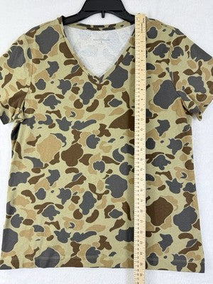 LL Bean Signature Womens Small Tee Duck Camo Short Sleeve Top T Shirt V Neck