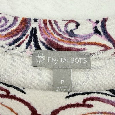 T By Talbots Top 3/4 Sleeve XS Petite Womens Button Hem Purple Print Knit