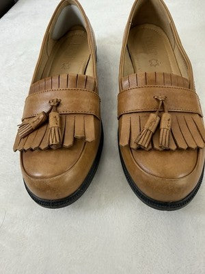 Hotter Shoes Womens 8 US Hamlet Loafers Leather Tassle Slip On Cognac Brown