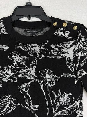 White House Black Market Sweater XS Short Sleeve Floral Gold Buttons Womens
