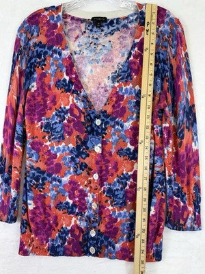 Talbots Charming Cardigan Sweater Medium Pink Blue Floral Womens 3/4 Sleeve