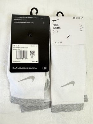 Nike Spark Running Socks Crew White Men 10-11.5 Women 11.5-13 Cushioned Lot New
