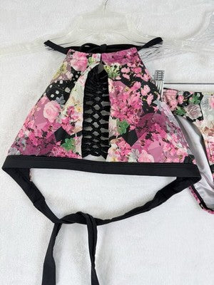 Venus Bikini Set Small Top 6 Bottom Halter Black Pink Floral Swimwear Womens