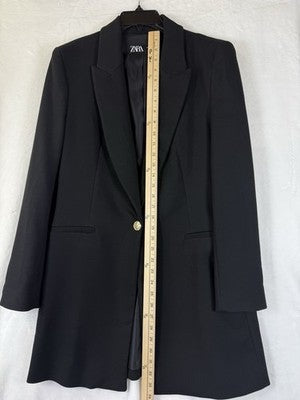 Zara Long Blazer Black Large Womens Jacket Longline Gold Button
