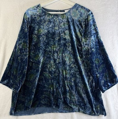 J Jill Top Large Blue Floral Velour 3/4 Sleeve Women Medium