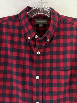 LL Bean Signature Medium Mens Shirt Red Plaid Long Sleeve Oxford Cloth Button Up