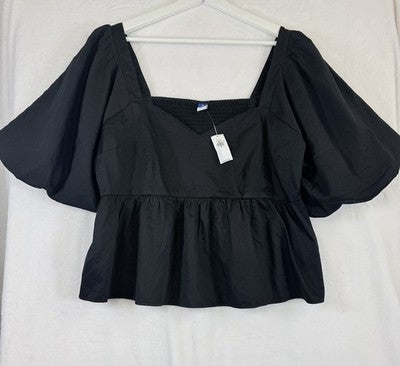 Old Navy XL Top Puff Sleeve Ruched Smocked Babydoll Swing Blouse Women Black New