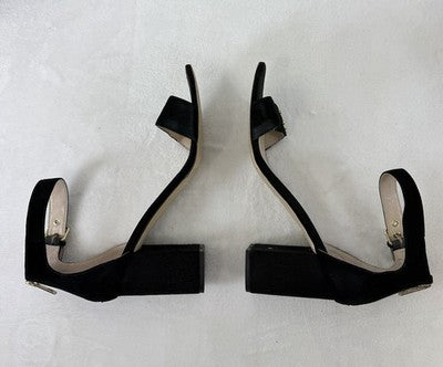 Tommy Hilfiger Block Heel Sandals 11 Womens Black Suede Leather Gold Buckle Shoe