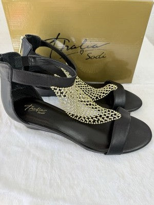 Thalia Sodi Sandals 11 Womens Wedge Black Rhinestones Ankle Strap Glam Shoes