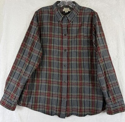 LL Bean Women's Scotch Plaid Flannel Shirt Large Button Up Gray Relaxed Fit Top