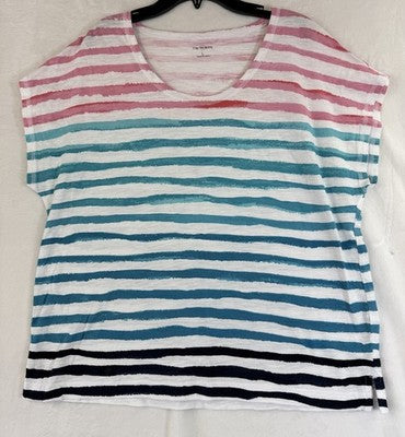 T By Talbots Top Large Tee Short Sleeve Womens Pink Blue Striped 100% Cotton