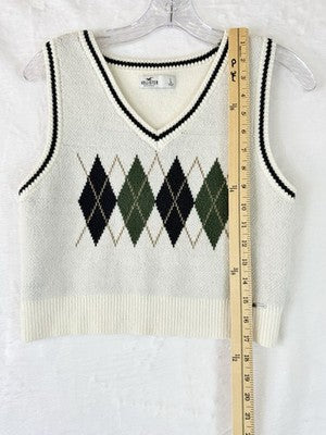 Hollister Cropped Sweater Vest Womens Large V Neck Argyle White Blue