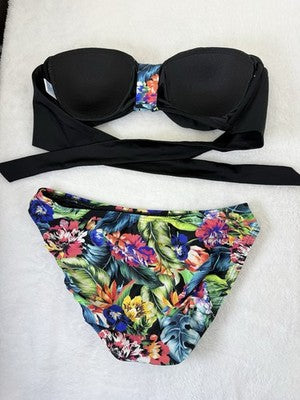 Venus Bandeau Bikini Set C Top 4 Bottom Black Floral Print Womens