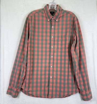 J Crew Shirt Mens Medium Orange Green Plaid Button Down Long Sleeve Cotton